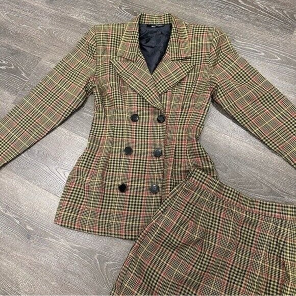 Vintage 80s Plaid Academia Doble Breasted Blazer and Skirt Suit Set Size Small - Picture 4 of 13